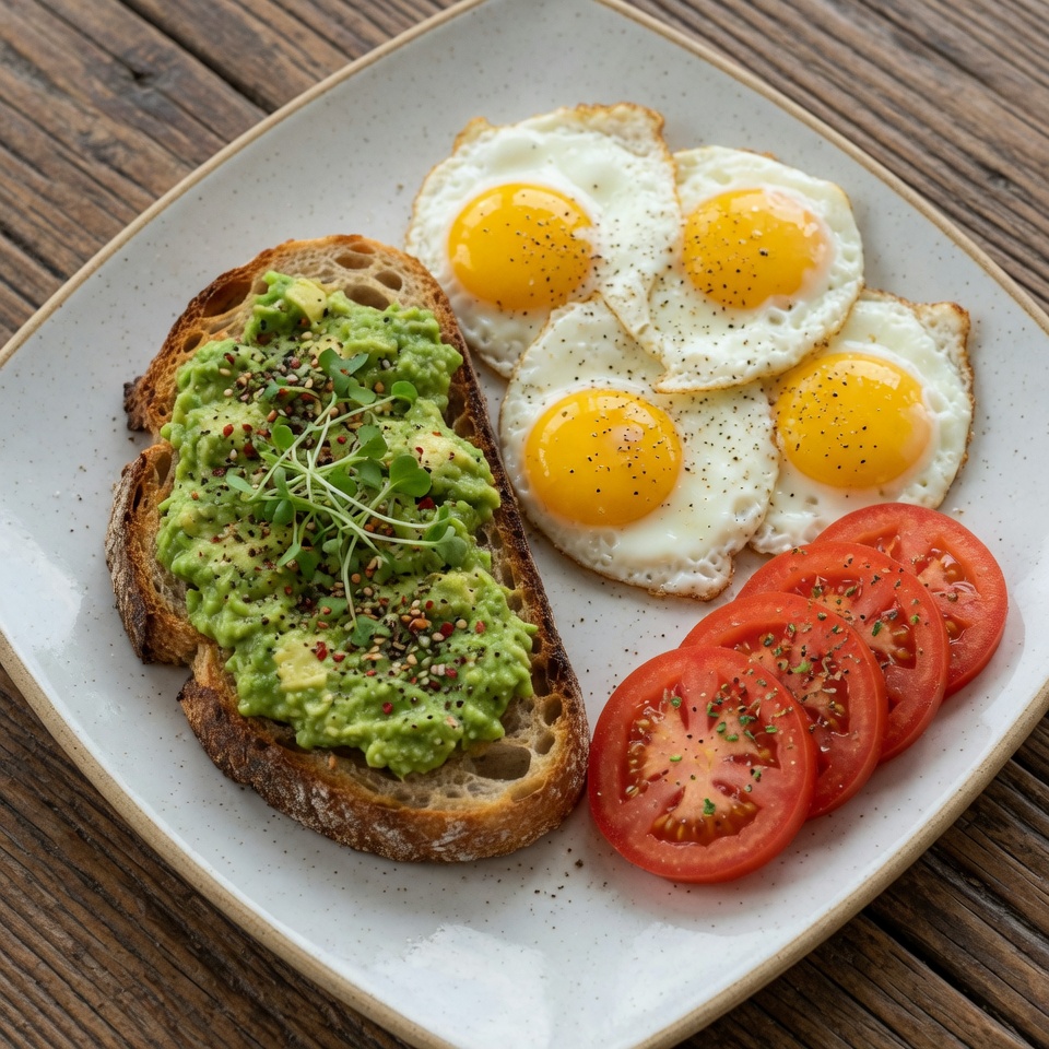 Avocado toast with fried eggs and tomato