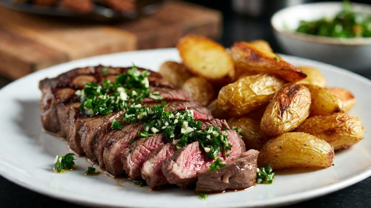 Sirloin steak with chimichurri and roasted potatoes