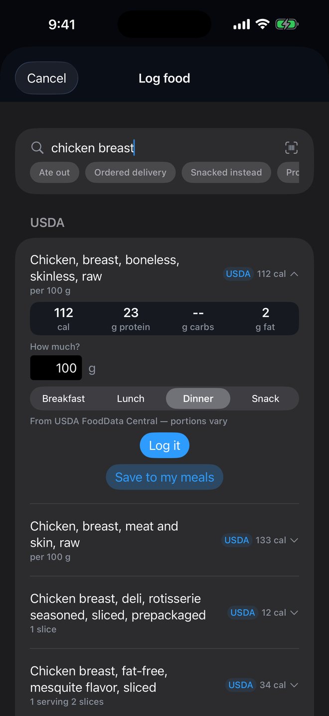 Logging a food from the USDA database