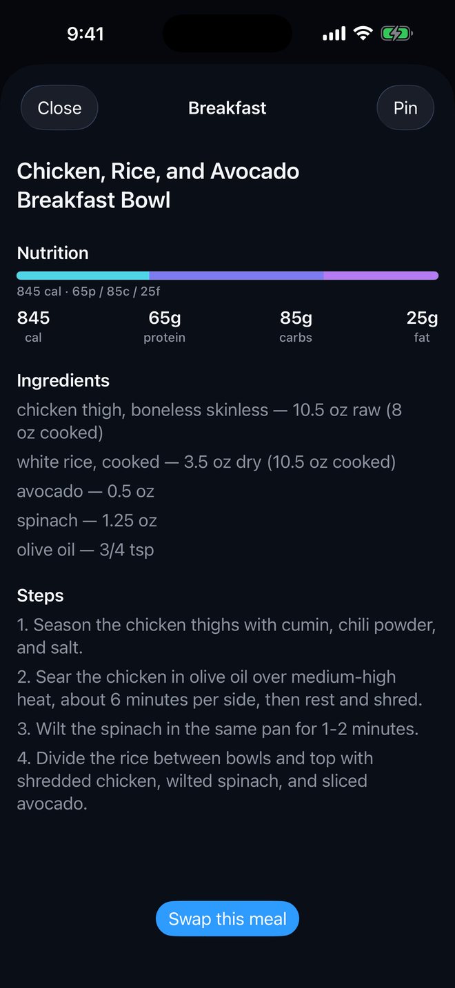 A meal with nutrition, ingredients, and steps